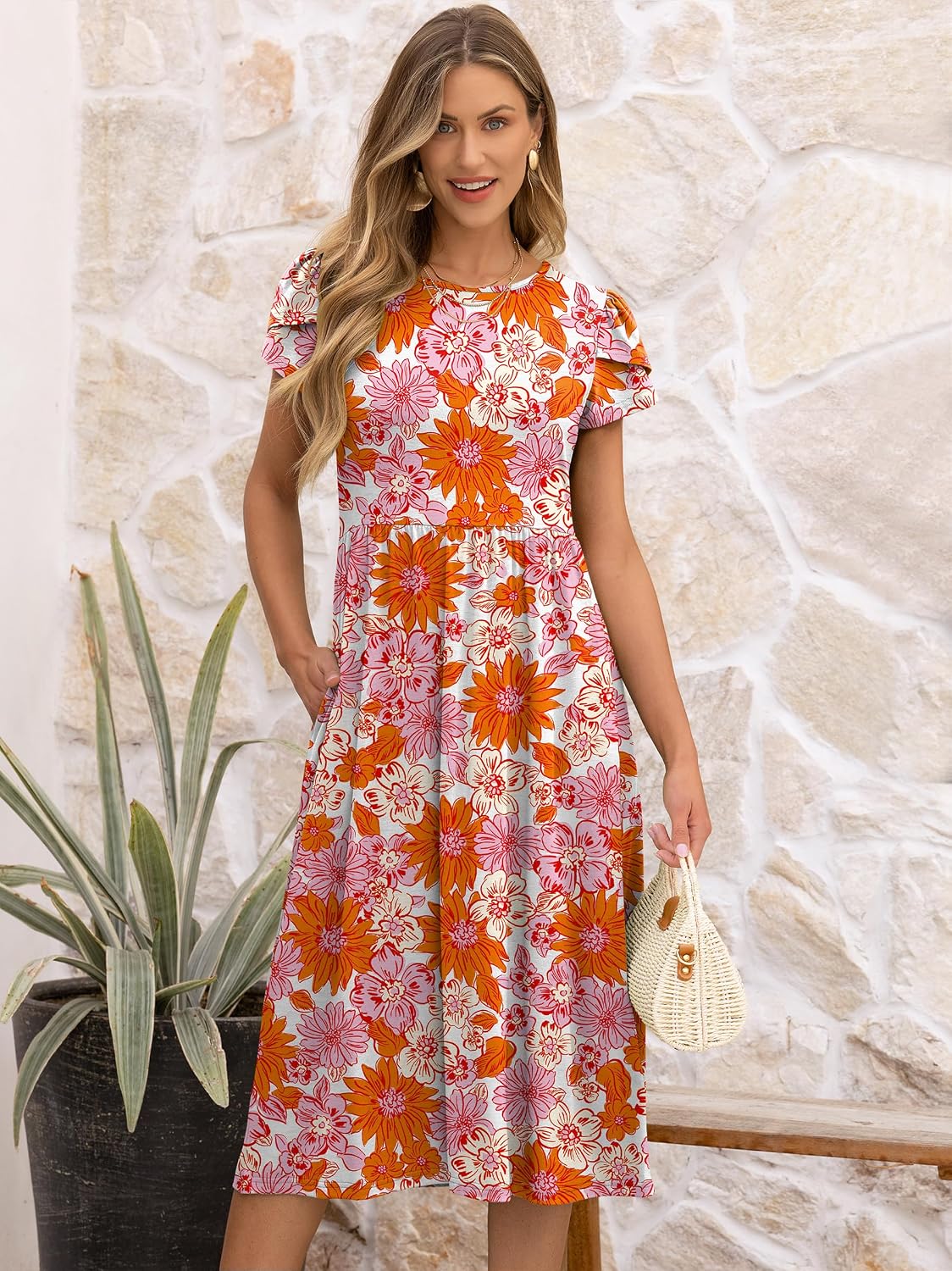 ANRABESS Women's Summer Short Sleeve A-Line Midi Dresses Casual Floral T-Shirt Dresses Flowy Beach Sundress with Pockets