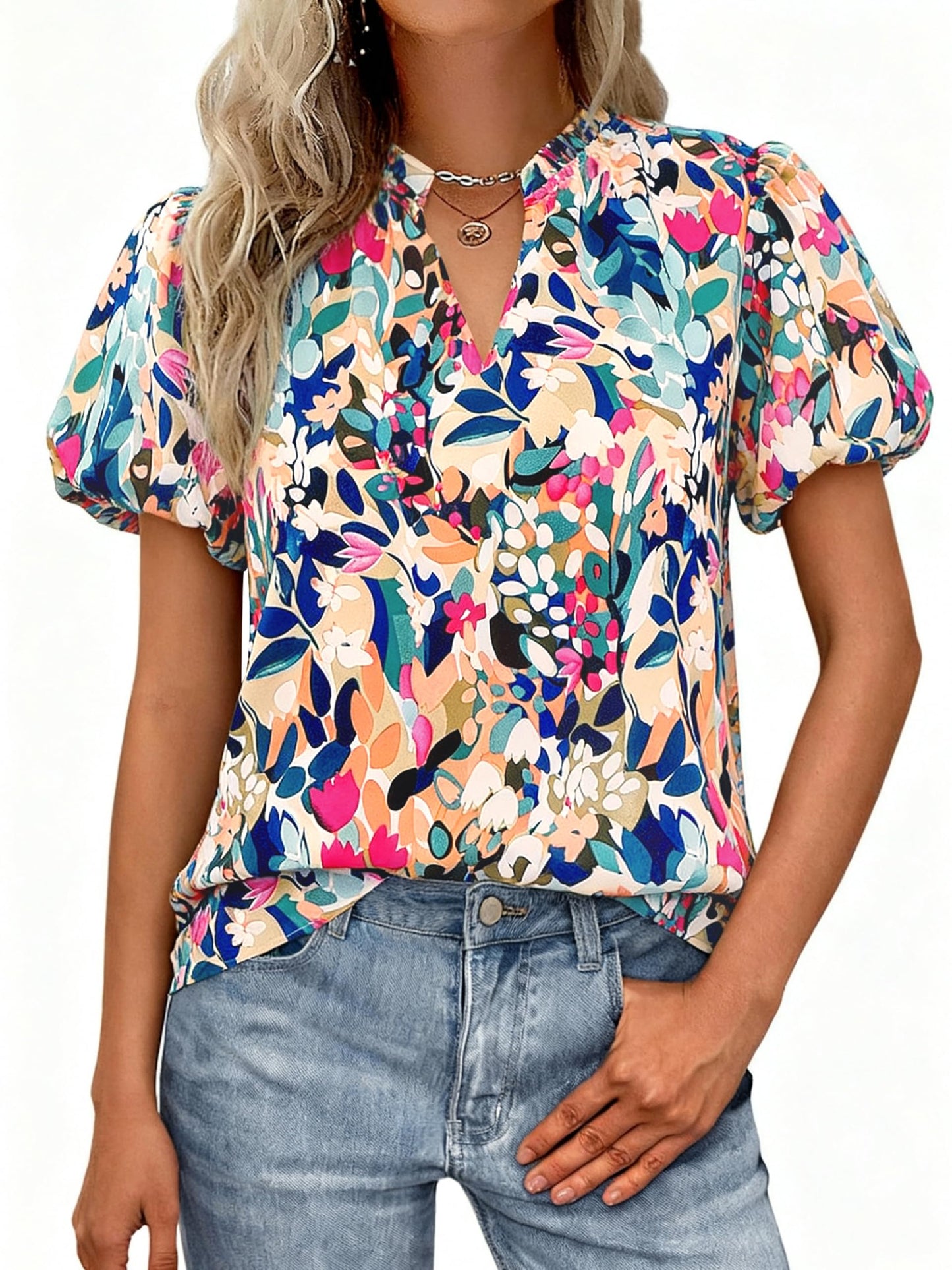 MASCOMODA Boho Short Sleeve Floral Work Blouses for Women Dressy Casual | Puff Sleeve Floral Tops Trendy, Ruffle V Neck, Loose Fit & Lined, Bohemian Top, Chiffon Blouses, Flowy Spring Work Shirts