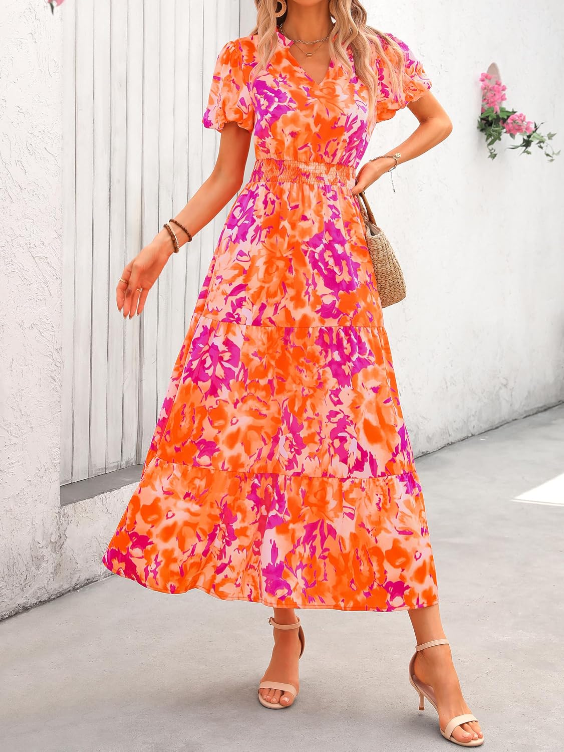 MASCOMODA Summer Maxi Dresses for Women 2026 Short Sleeve Long Floral Dress | Puff Sleeve, Casual V Neck, Smocked Waist, Tiered Ruffle Hem, A line Boho Dresses, Elegant Beach Flowy Long Dress Spring